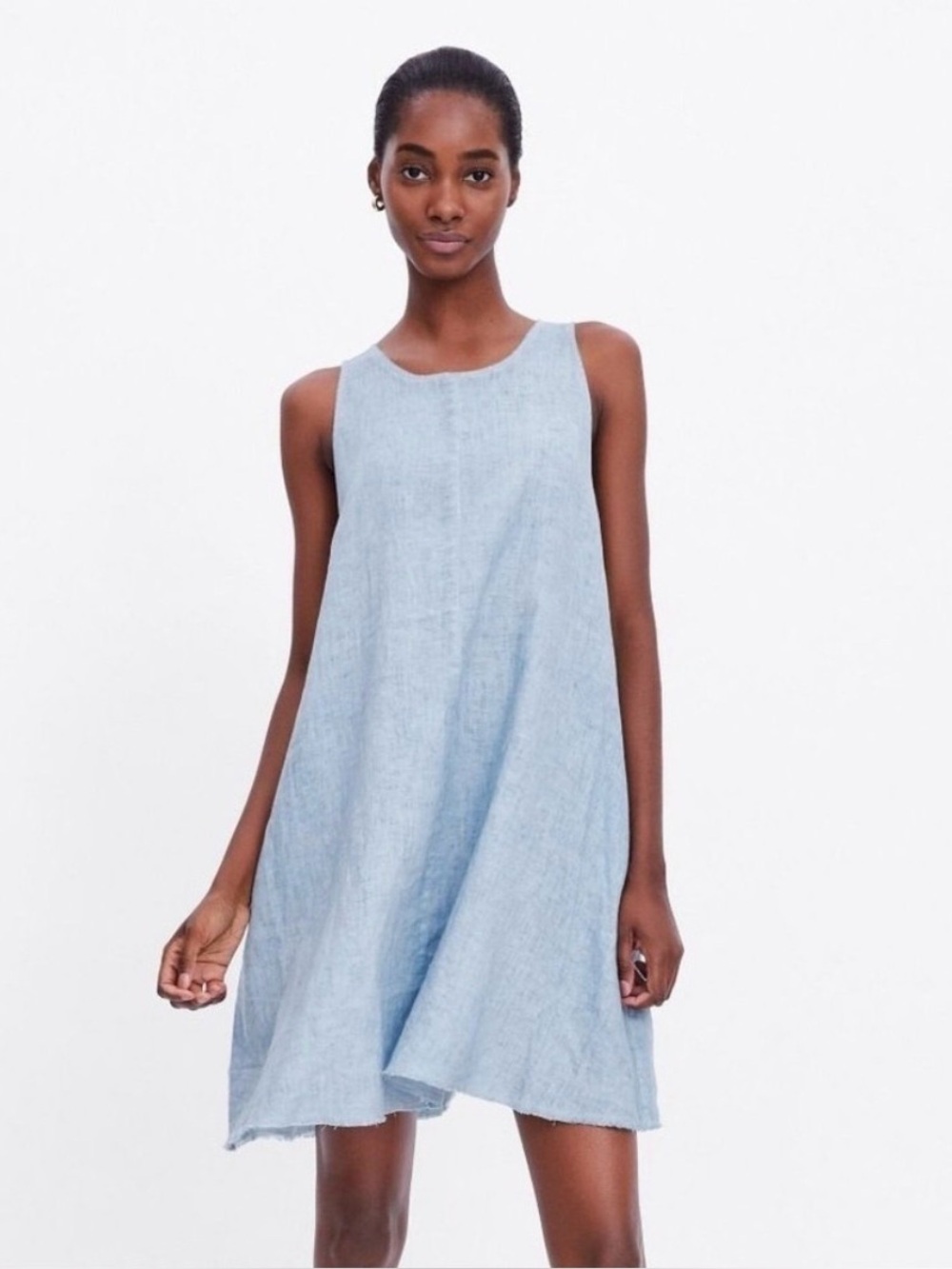 Zara Vela Chambray Linen Light Blue Trapeze Swing Mini Dress XS